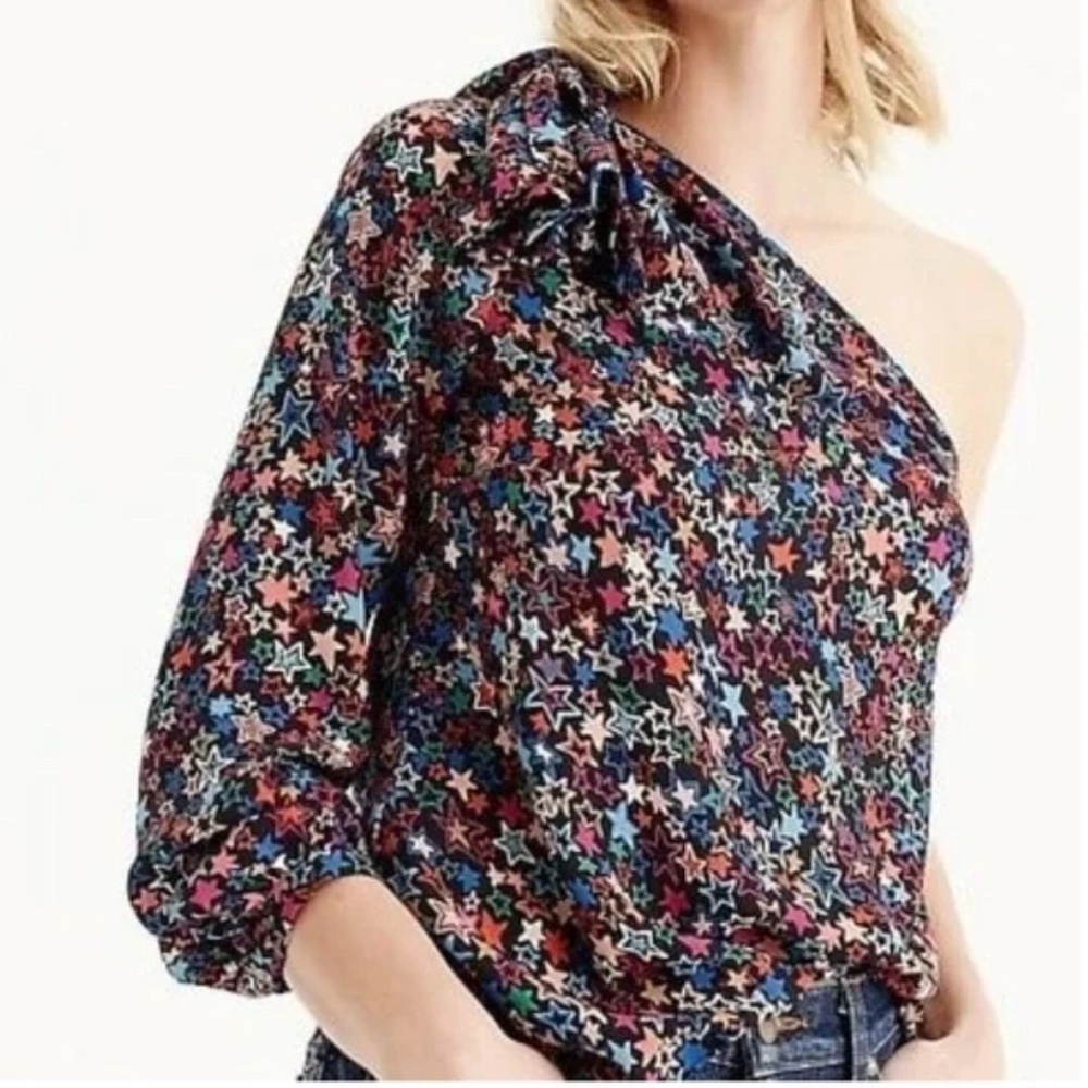 J.Crew Star Print One-Shoulder Blouse • Size 2 • Bow Detail • Off-Shoulder